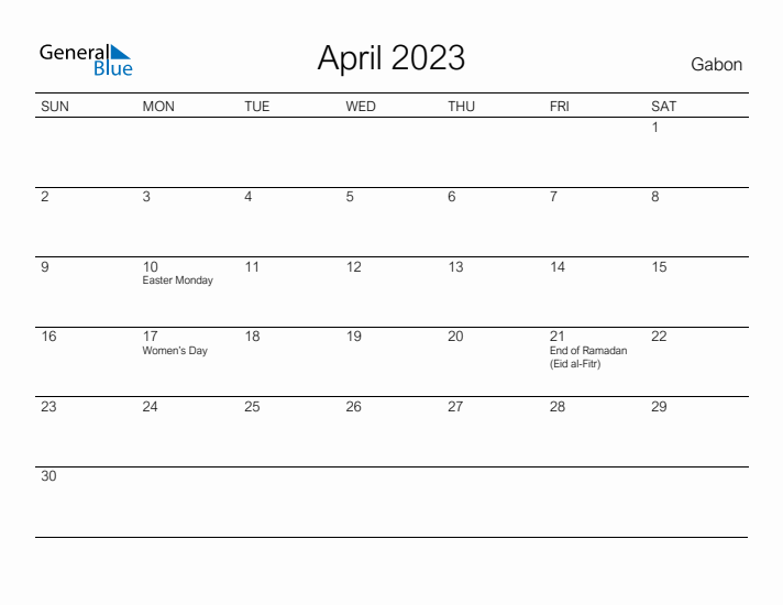 Printable April 2023 Calendar for Gabon