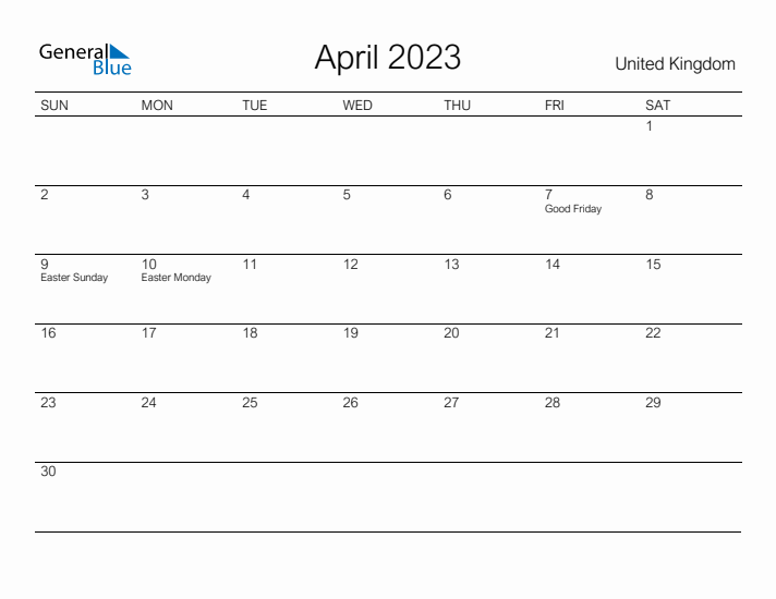 Printable April 2023 Calendar for United Kingdom