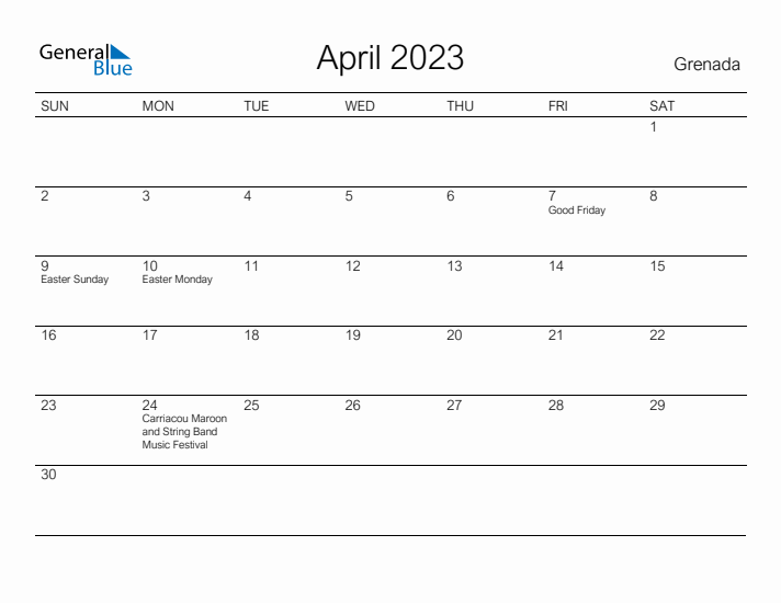 Printable April 2023 Calendar for Grenada