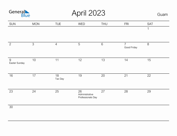 Printable April 2023 Calendar for Guam