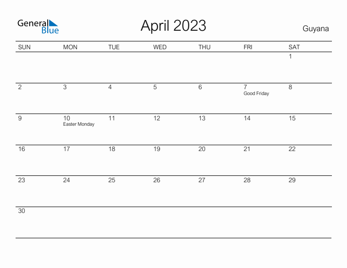 April 2023 Monthly Calendar with Guyana Holidays