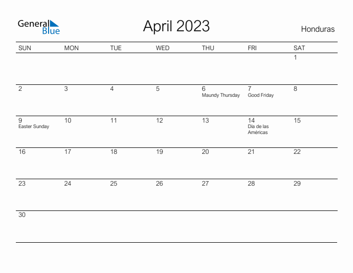 Printable April 2023 Calendar for Honduras