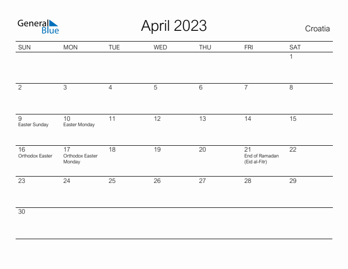 Printable April 2023 Calendar for Croatia