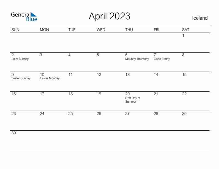 Printable April 2023 Calendar for Iceland
