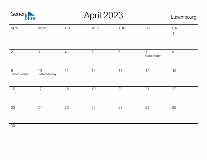 Printable April 2023 Calendar for Luxembourg