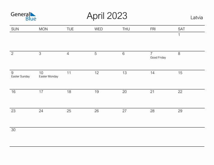 Printable April 2023 Calendar for Latvia