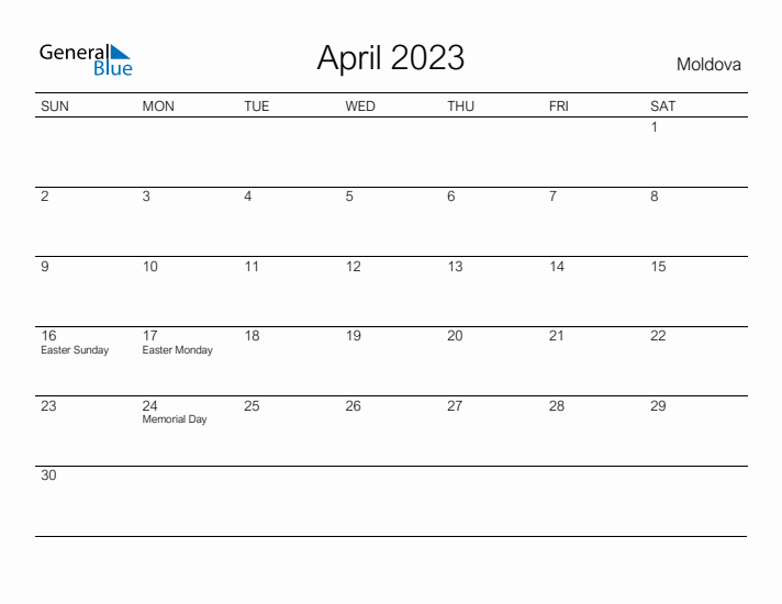 Printable April 2023 Calendar for Moldova
