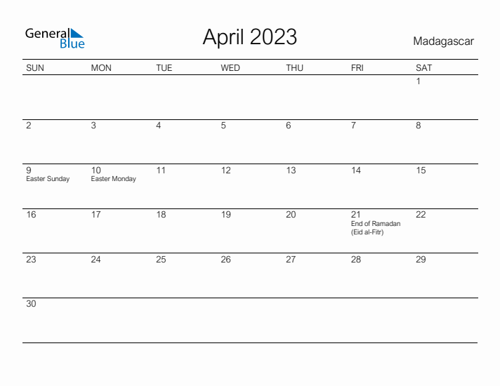 Printable April 2023 Calendar for Madagascar
