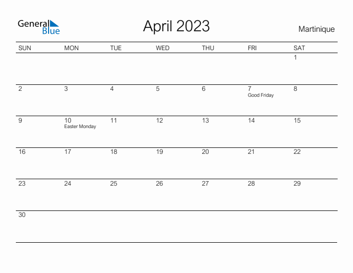 Printable April 2023 Calendar for Martinique
