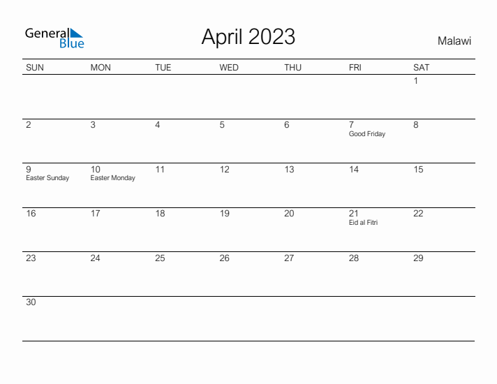 Printable April 2023 Calendar for Malawi