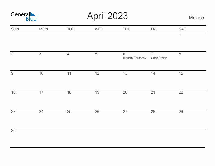 Printable April 2023 Calendar for Mexico