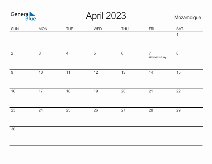 Printable April 2023 Calendar for Mozambique