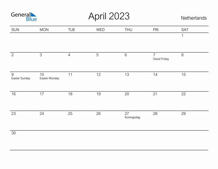 Printable April 2023 Calendar for The Netherlands