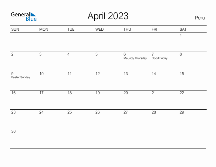 Printable April 2023 Calendar for Peru