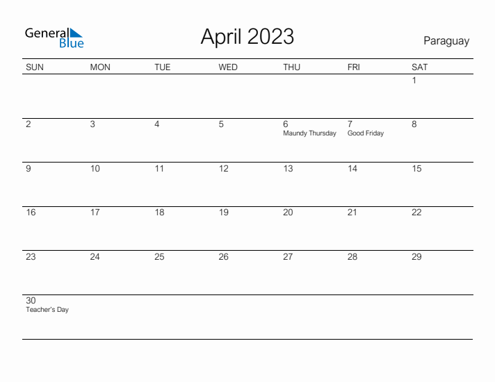 Printable April 2023 Calendar for Paraguay