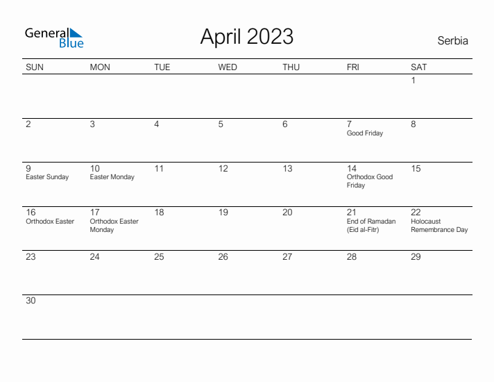 Printable April 2023 Calendar for Serbia