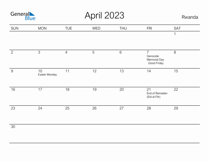 Printable April 2023 Calendar for Rwanda