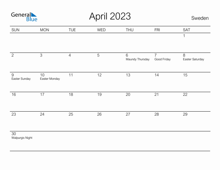 Printable April 2023 Calendar for Sweden