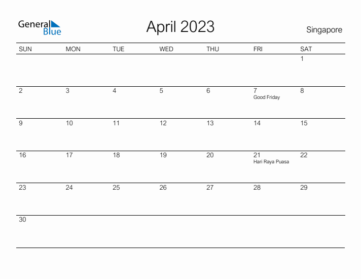 Printable April 2023 Calendar for Singapore