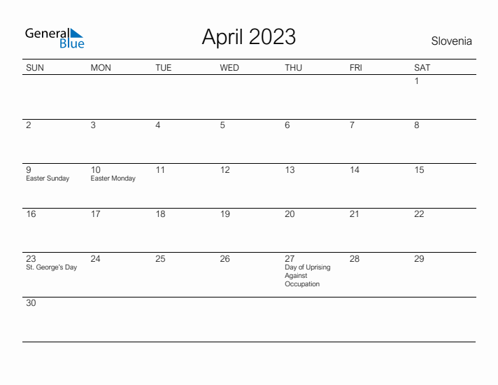 Printable April 2023 Calendar for Slovenia