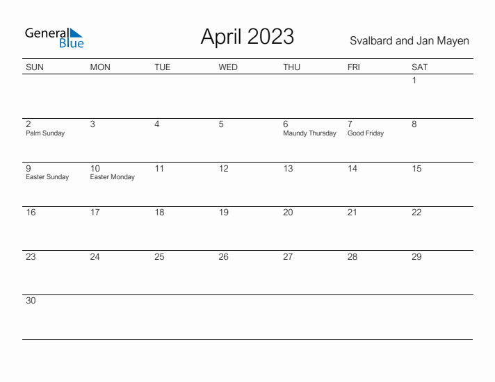 Printable April 2023 Calendar for Svalbard and Jan Mayen