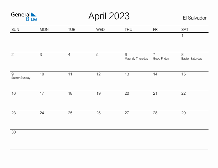 Printable April 2023 Calendar for El Salvador