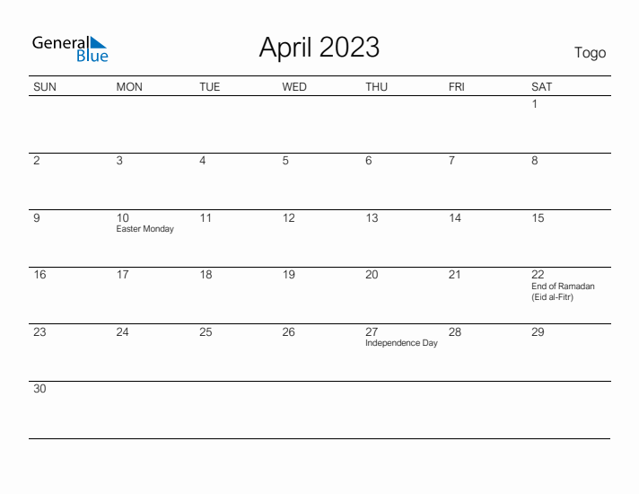 Printable April 2023 Calendar for Togo