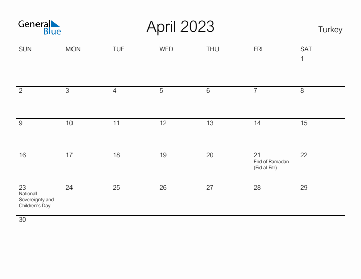 Printable April 2023 Calendar for Turkey