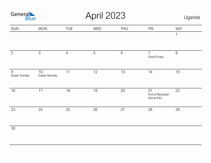 Printable April 2023 Calendar for Uganda
