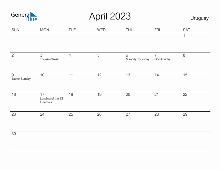 Printable April 2023 Calendar for Uruguay