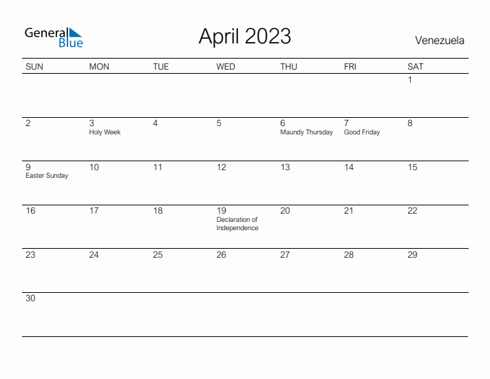 Printable April 2023 Calendar for Venezuela