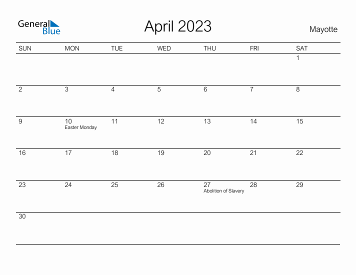 Printable April 2023 Calendar for Mayotte
