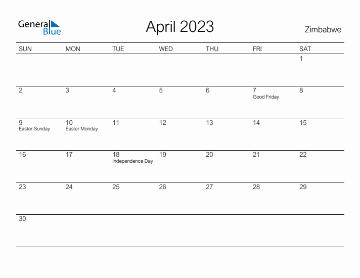 Printable April 2023 Calendar for Zimbabwe