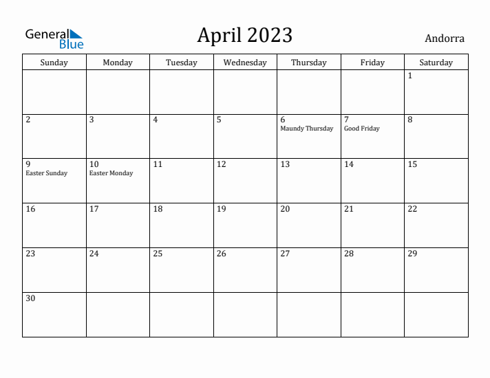 April 2023 Calendar Andorra