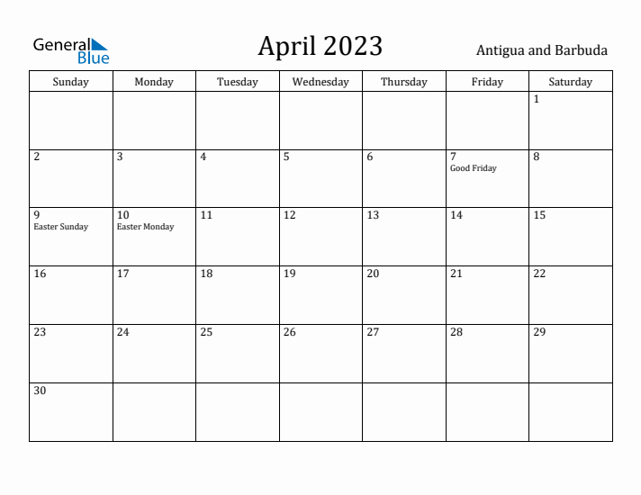 April 2023 Calendar Antigua and Barbuda
