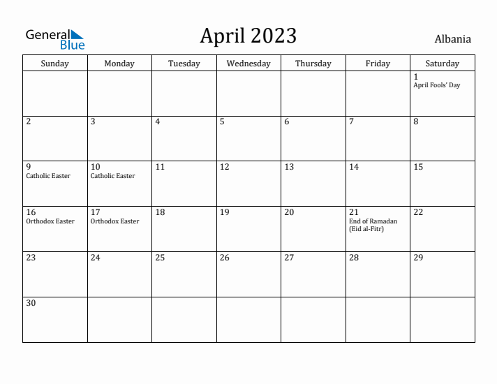 April 2023 Calendar Albania