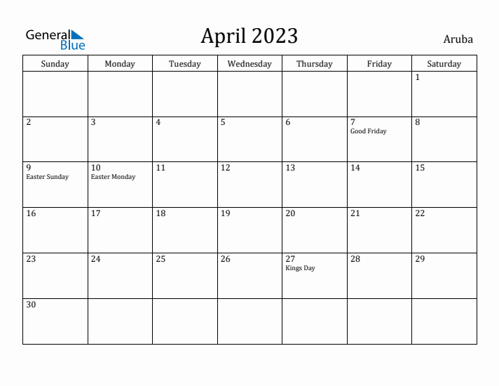 April 2023 Calendar Aruba