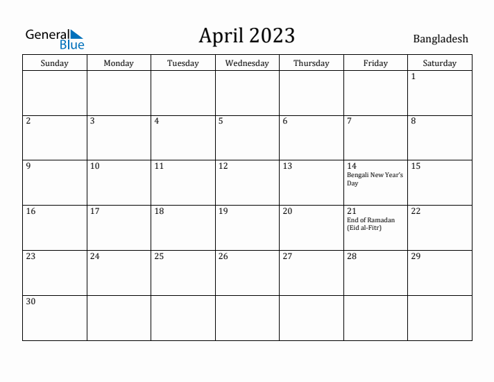 April 2023 Calendar Bangladesh