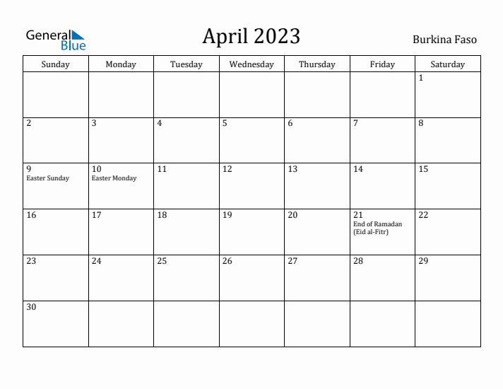 April 2023 Calendar Burkina Faso