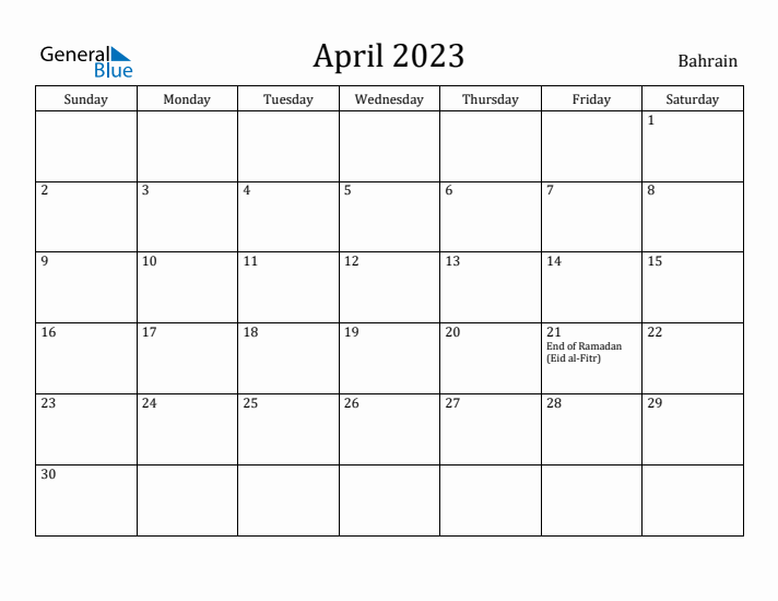 April 2023 Calendar Bahrain