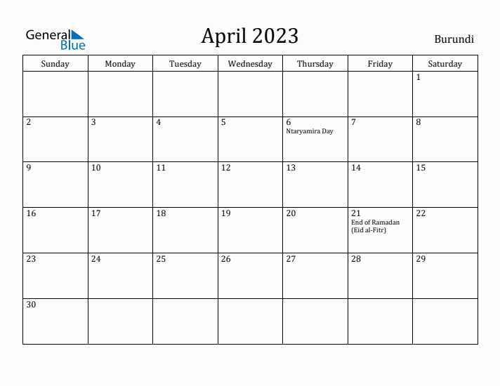 April 2023 Calendar Burundi