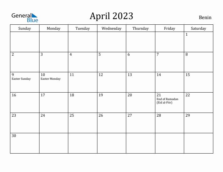 April 2023 Calendar Benin