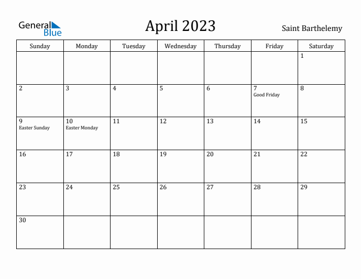 April 2023 Calendar Saint Barthelemy