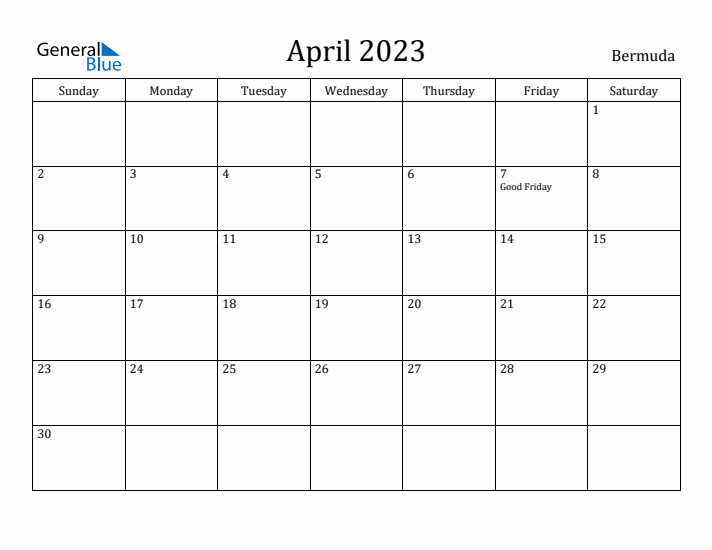 April 2023 Calendar Bermuda