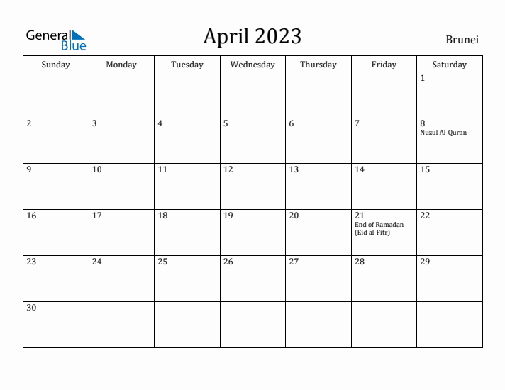 April 2023 Calendar Brunei