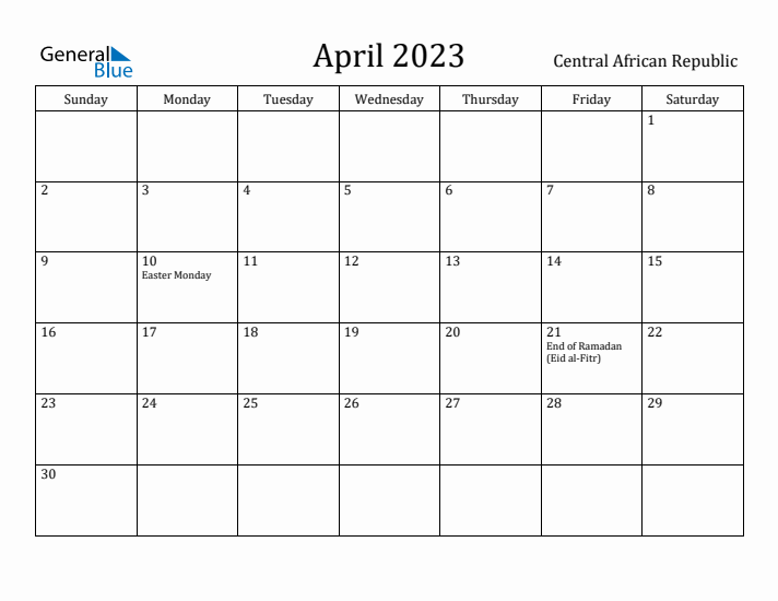 April 2023 Calendar Central African Republic