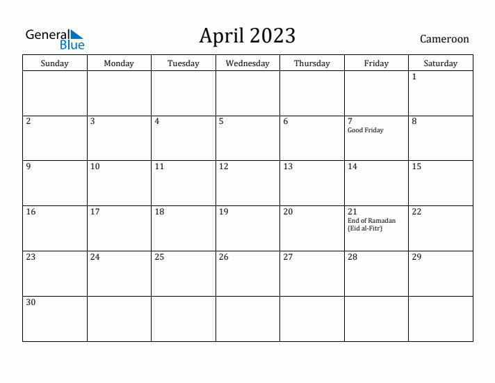 April 2023 Calendar Cameroon