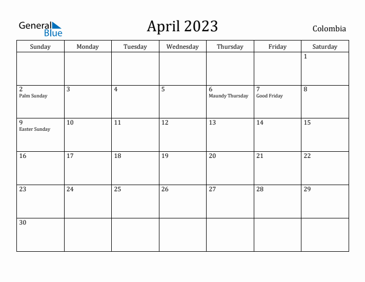April 2023 Calendar Colombia