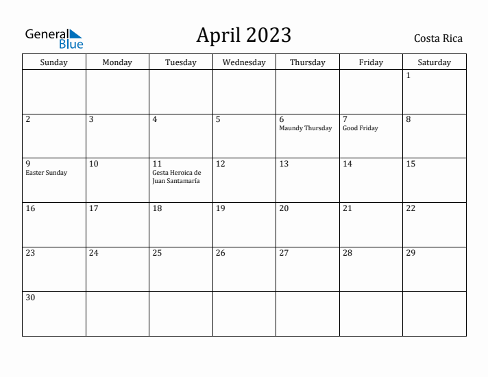 April 2023 Calendar Costa Rica