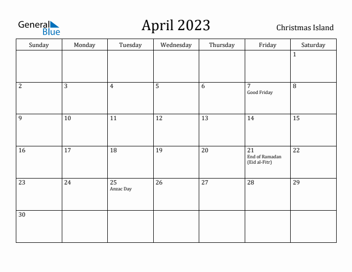 April 2023 Calendar Christmas Island